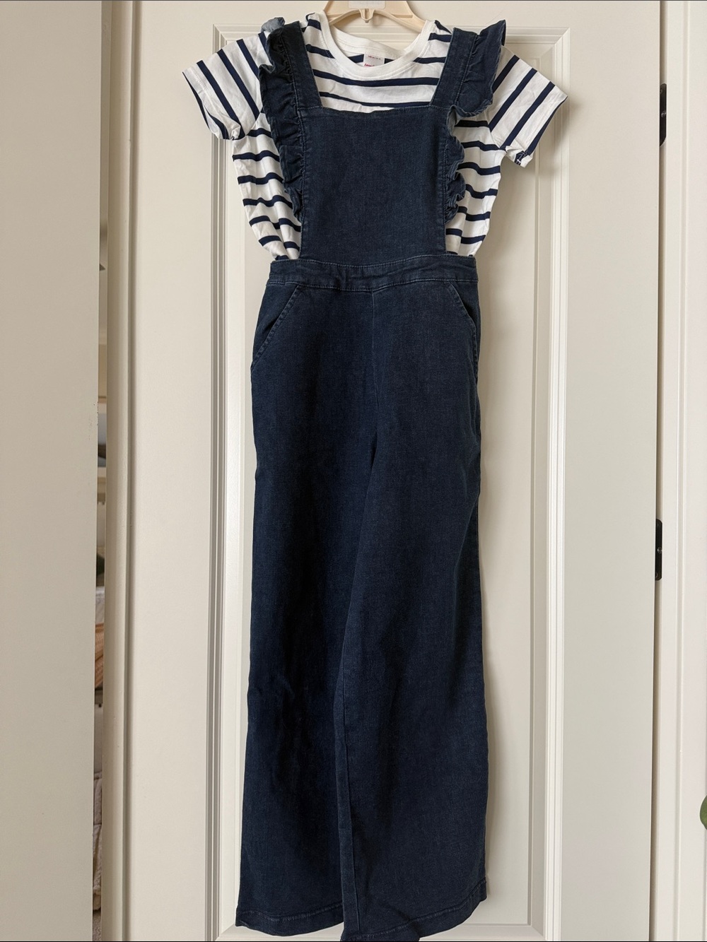 Hanna Anderson ruffle jumpsuit stretch denim & navy and white stripe t sz 10